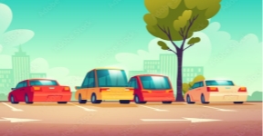 Cars on city street parking with road marking. Vector cartoon illustration  with modern automobiles parked in town and cityscape on background. Urban  landscape with vehicles and buildings Stock Vector | Adobe Stock